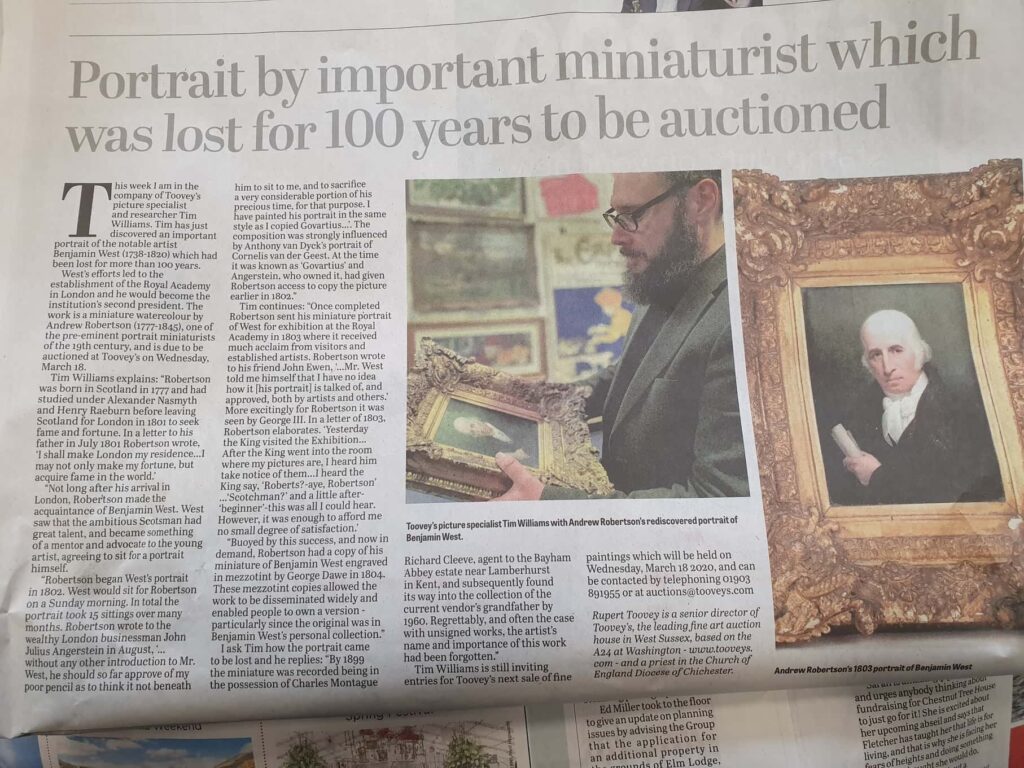 West Sussex Gazette article about the re-discovery of a miniature portrait of Benjamin West
