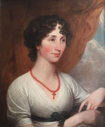 19th Century British School - Half Length Portrait of a Lady wearing a White Dress and Coral Necklace, oil on canvas.