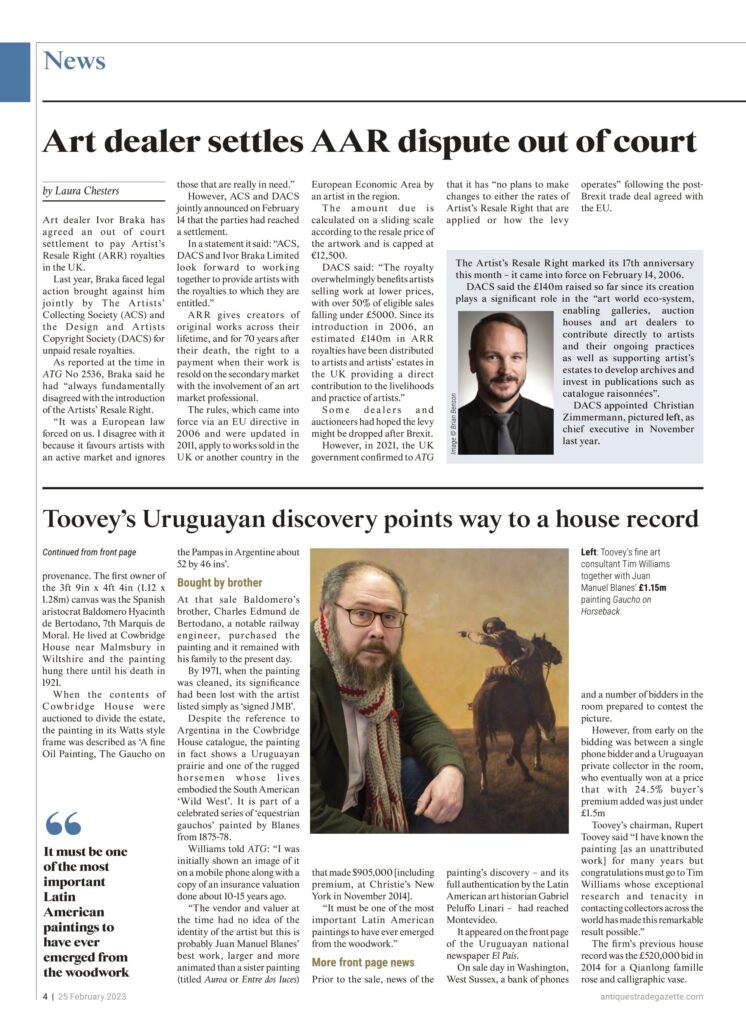 Antiques Trade Gazette Juan Manuel Blanes auction record and discovery