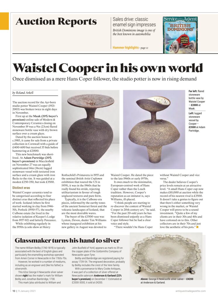 Waistel Cooper featured in the Antiques Trade Gazette