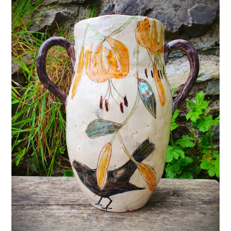 Jacqueline Leighton Boyce - 'Blackbird Lilies', glazed earthenware vase.