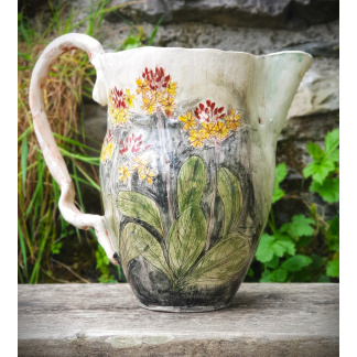 Jacqueline Leighton Boyce - 'Primulas', earthenware jug decorated with Primulas and Fritillaries.