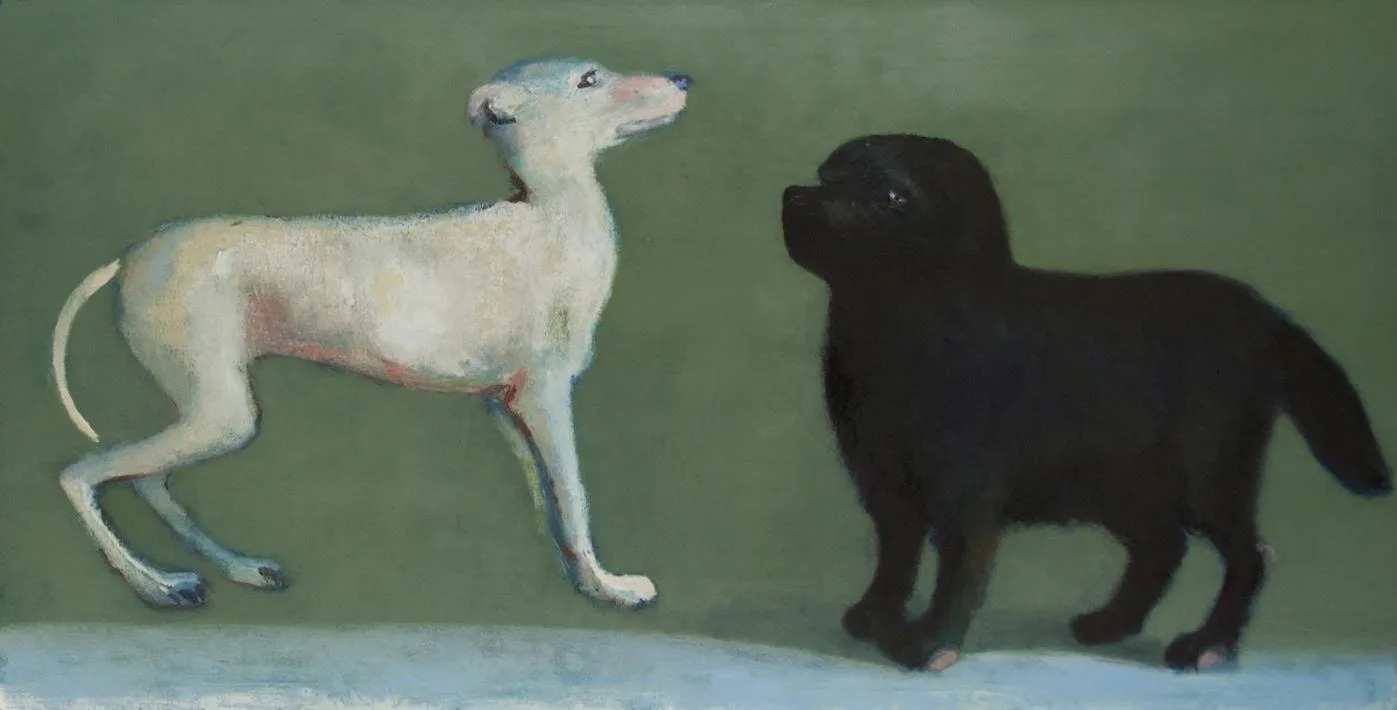 Charles Williams PRWS, NEAC (b.1965) - 'Black Dog, White Dog', oil on canvas.