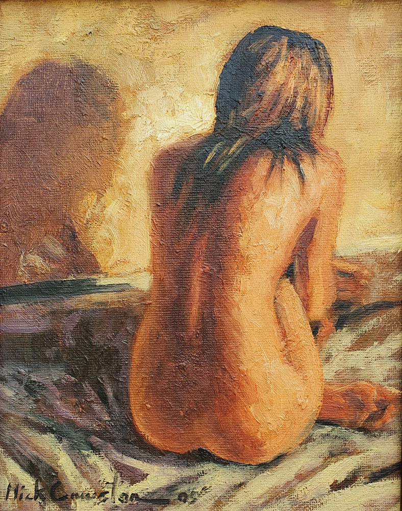 Mick Cawston (1959-2006) - Seated Female Nude, oil on board.