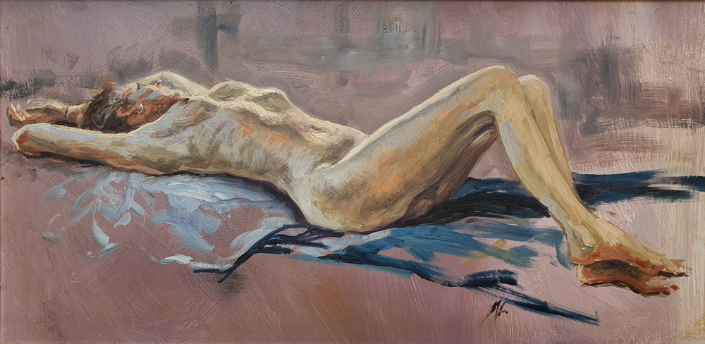 Mick Cawston - Reclining Female nude, oil painting on canvas.