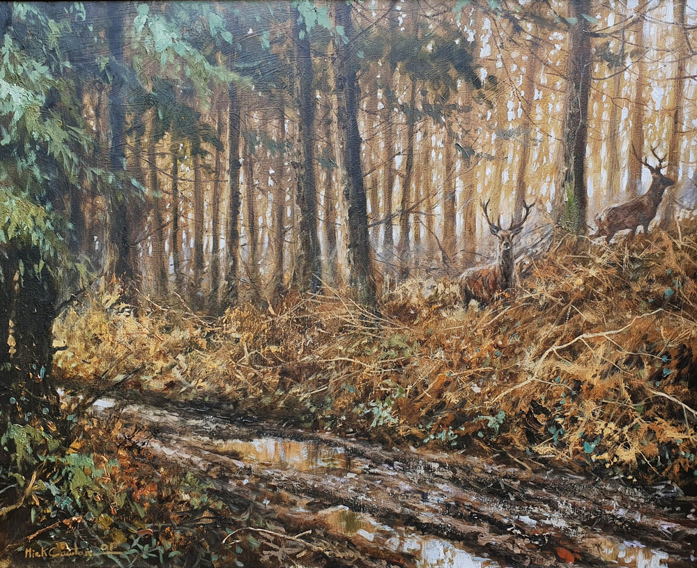 Mick Cawston - Stags in a Woodland Landscape, oil on canvas.