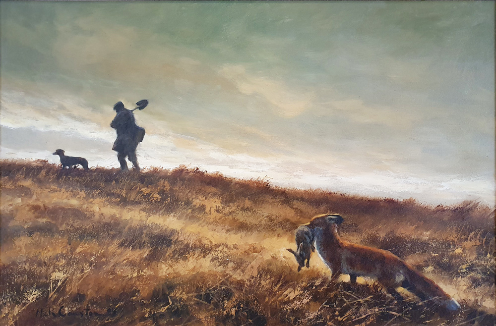 Mick Cawston (1959-2006) - 'Fox & Poacher', oil on canvas.
