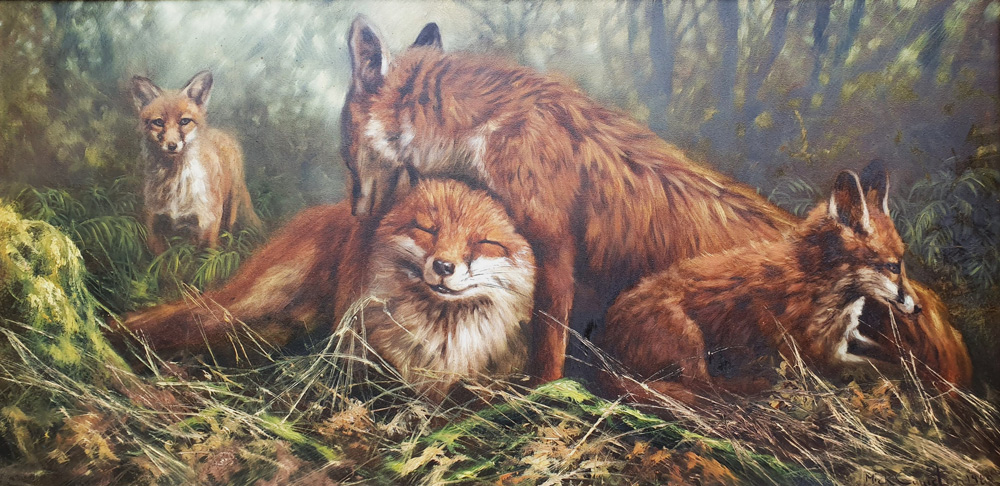 Mick Cawston (1959-2006) - 'Family of Foxes', oil on canvas.