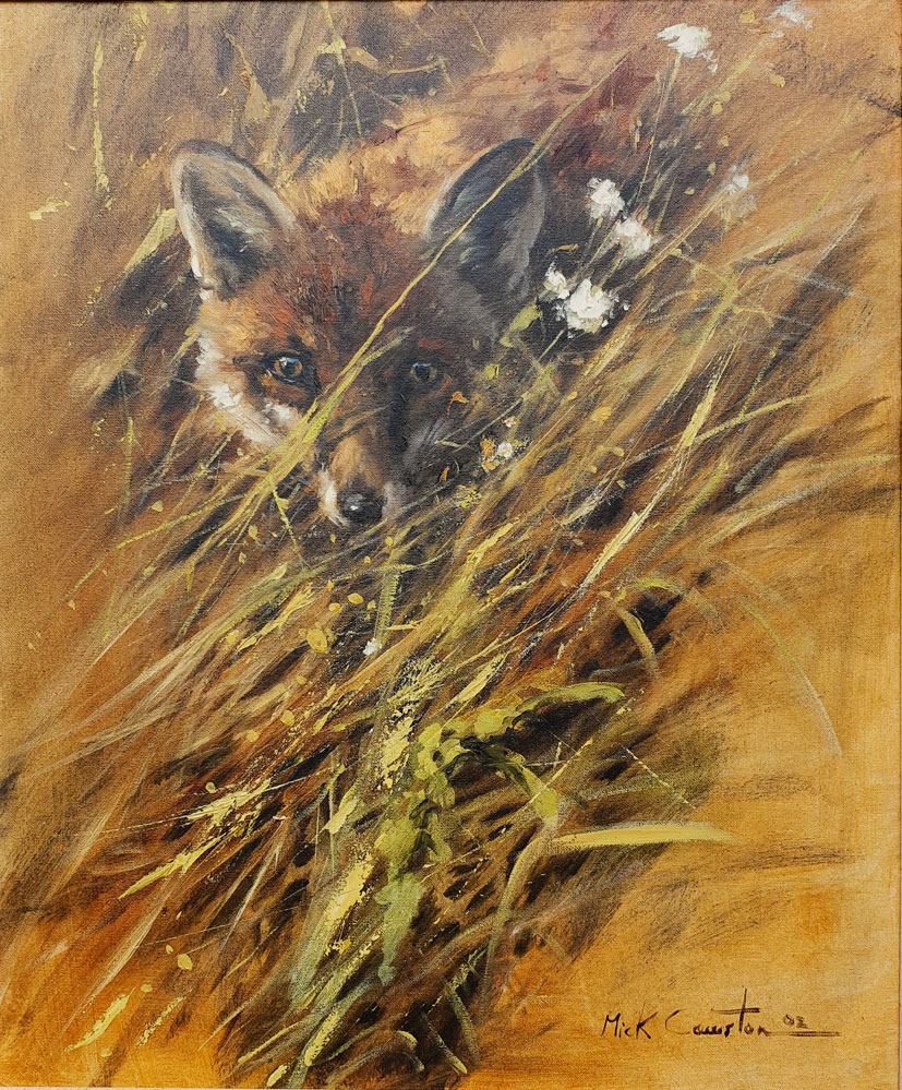 Mick Cawston (1959-2006) - 'Fox in the Undergrowth', oil on canvas.