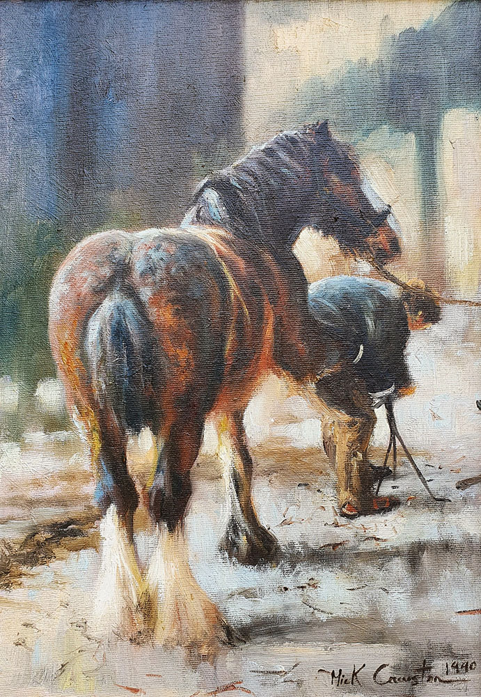 Mick Cawston (1959-2006) - 'Horse & Farrier', oil on canvas, signed and dated 1990, 34cm x 24cm.