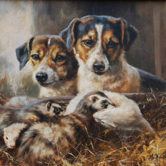 Mick Cawston (1959-2006) - 'Jack Russells and Ferrets', oil on canvas.