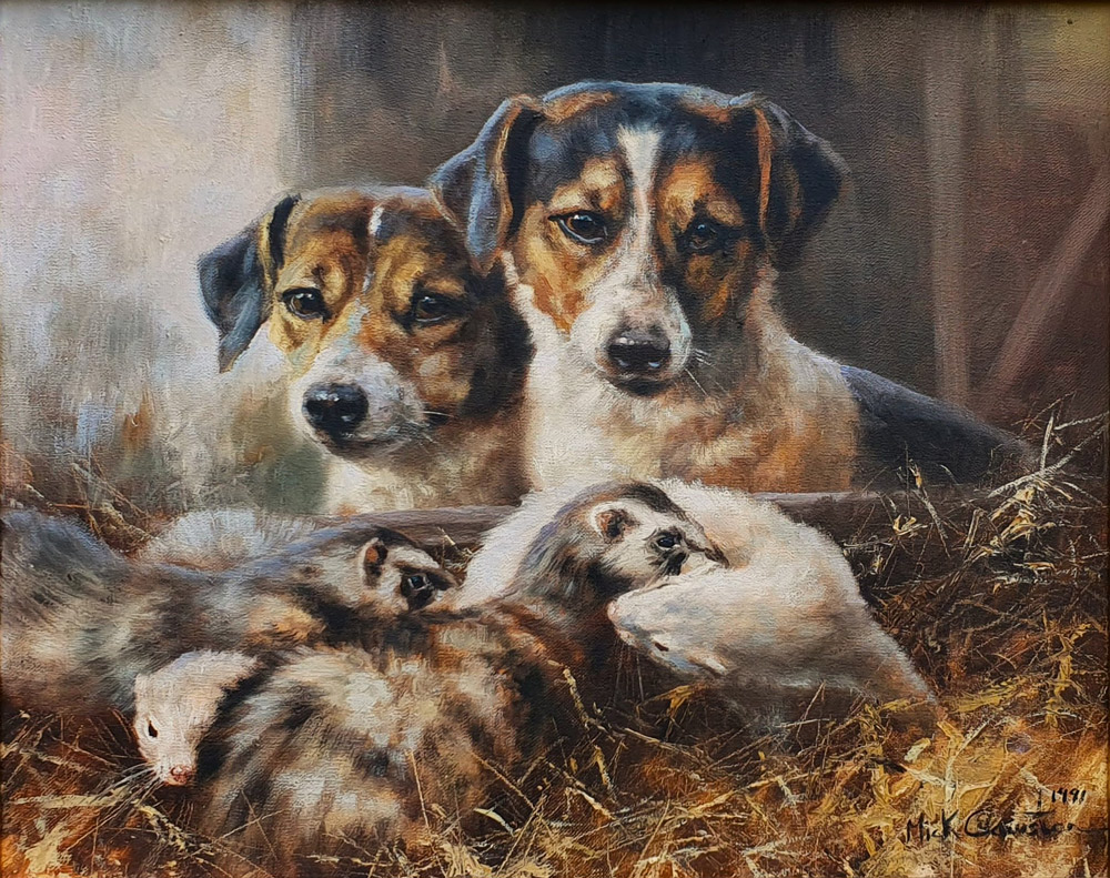 Mick Cawston (1959-2006) - 'Jack Russells and Ferrets', oil on canvas.