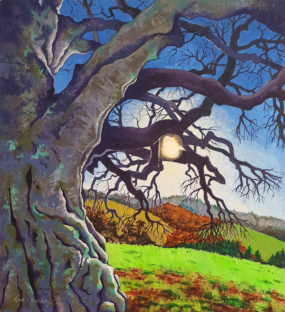 Lawrie Baldwyn (b.1942) - 'Beech Tree & Sun', acrylic on canvas.