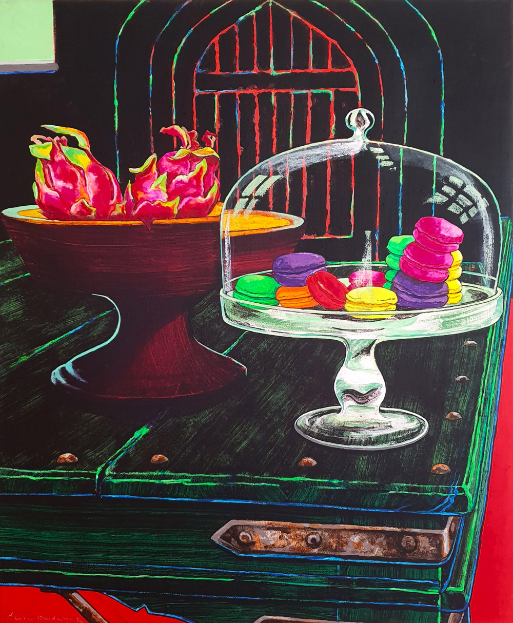 Lawrie Baldwyn (b.1942) - 'Macaroons & Dragon Fruit', acrylic on canvas.