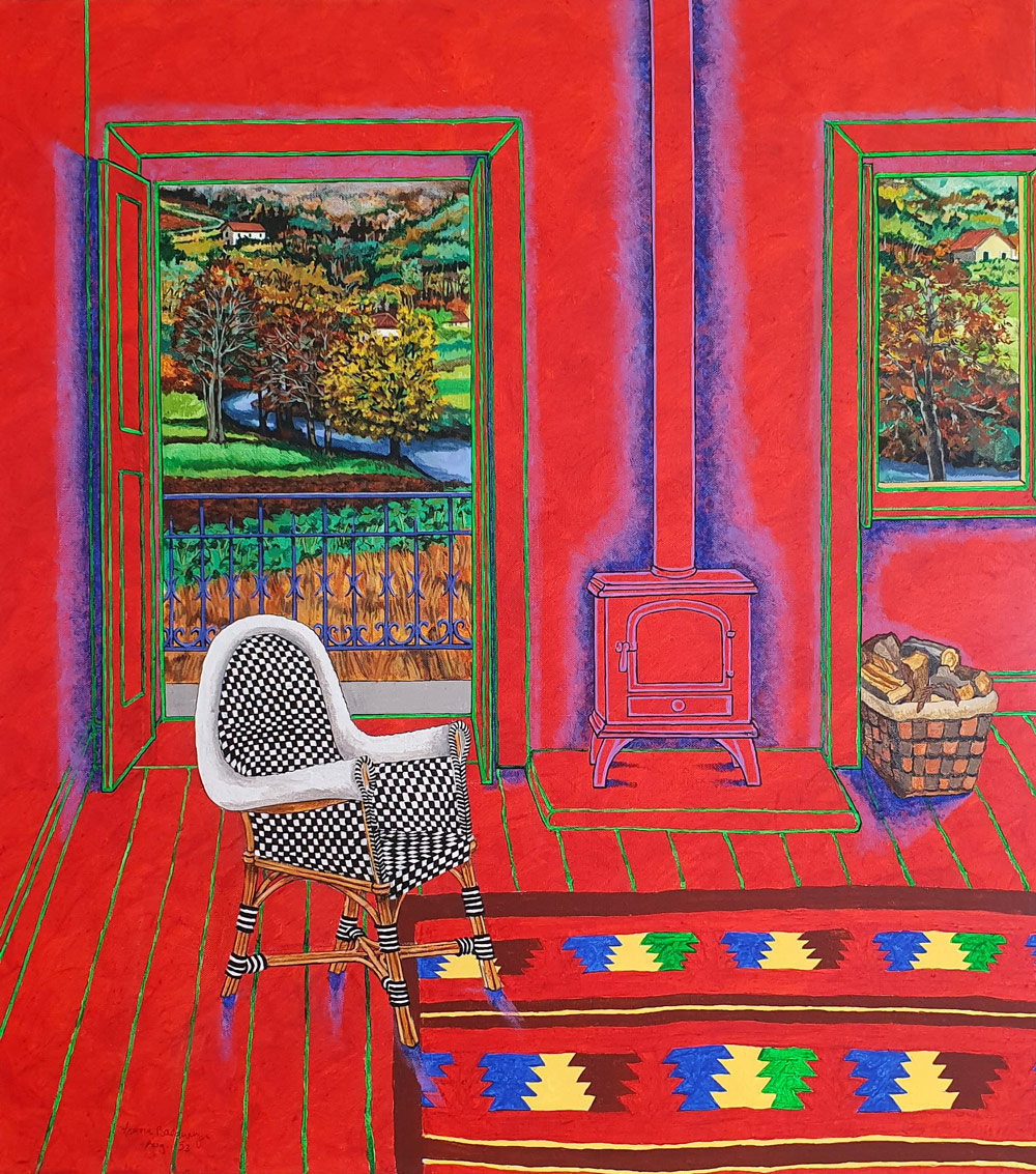 Lawrie Baldwyn (b.1942) - 'Red Interior', acrylic on canvas.
