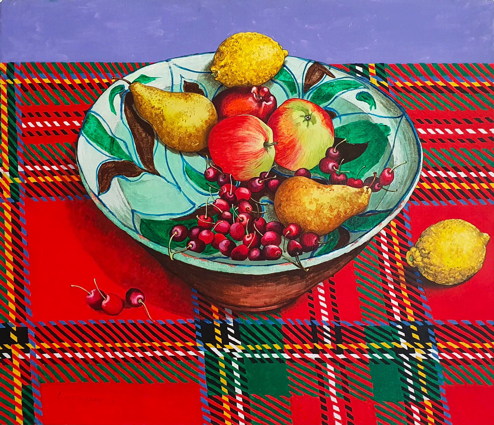 Lawrie Baldwyn (b.1942) - 'Still Life with Apples, Pears & Cherries', acrylic on canvas.
