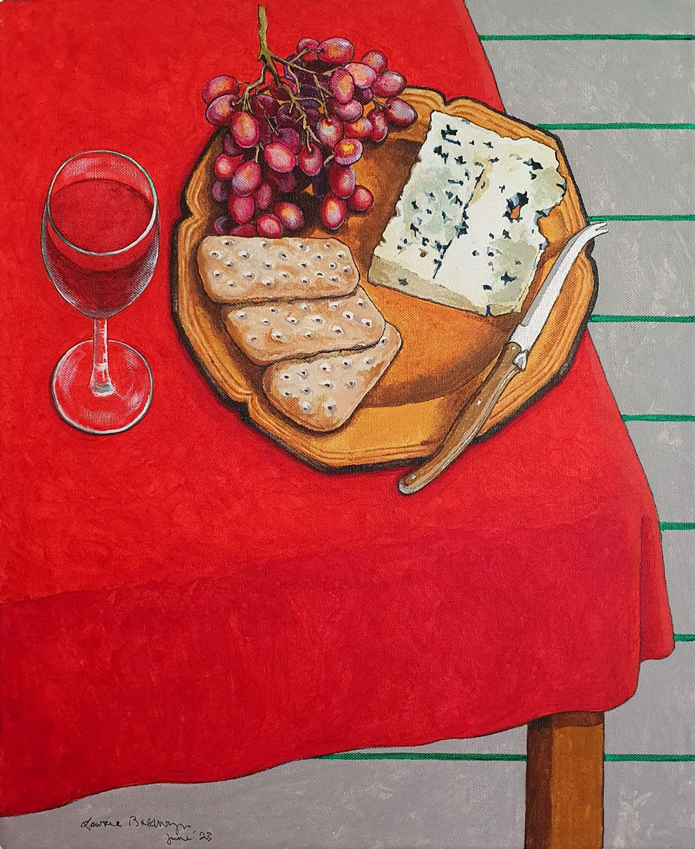Lawrie Baldwyn (b.1942) - 'Still Life with Cheese & Grapes', arylic on canvas.