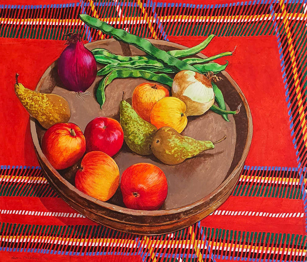 Lawrie Baldwyn (b.1942) - 'Still Life with Fruit & Vegetables', acrylic on canvas.