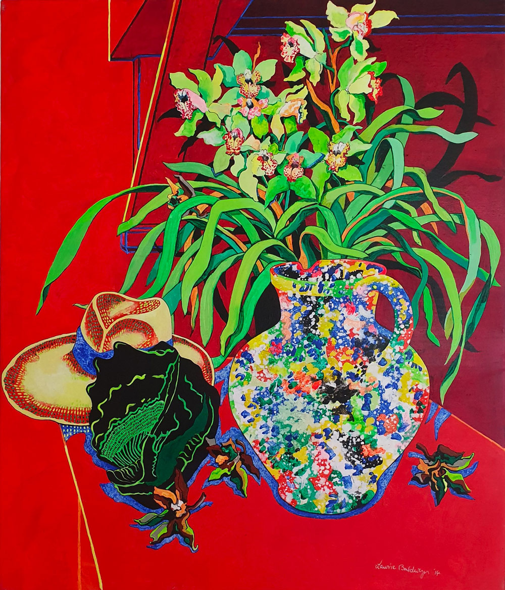Lawrie Baldwyn (b1942) - 'Still Life with Orchids', acrylic on canvas.