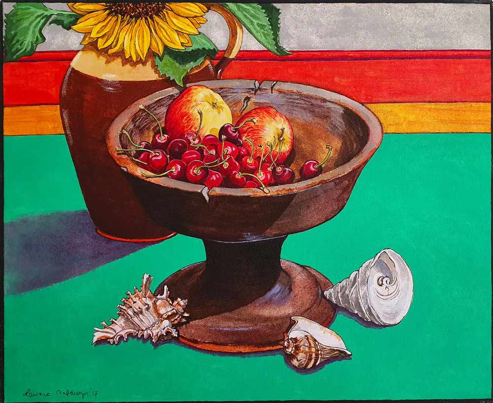 Lawrie Baldwyn (b.1942) - 'Still Life with Shells, Apples & Cherries', acrylic on canvas.