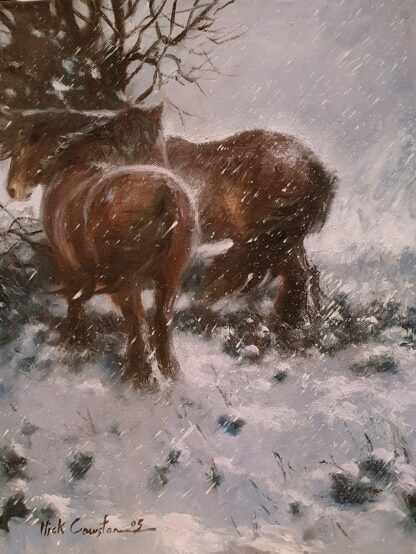 Mick Cawston - Exmoor Ponies in the Snow, oil on canvas.