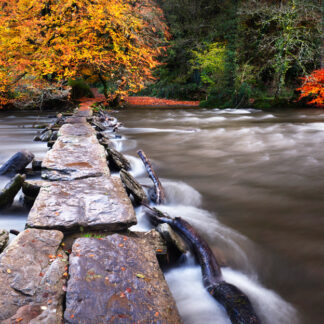 Photograph by Mark Asprey of Tarr Steps, an ancient river crossing in the Exmoor National Park.
