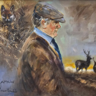 Oil painting of Captain Ronnie Wallace with Red Deer and Fox vignettes.