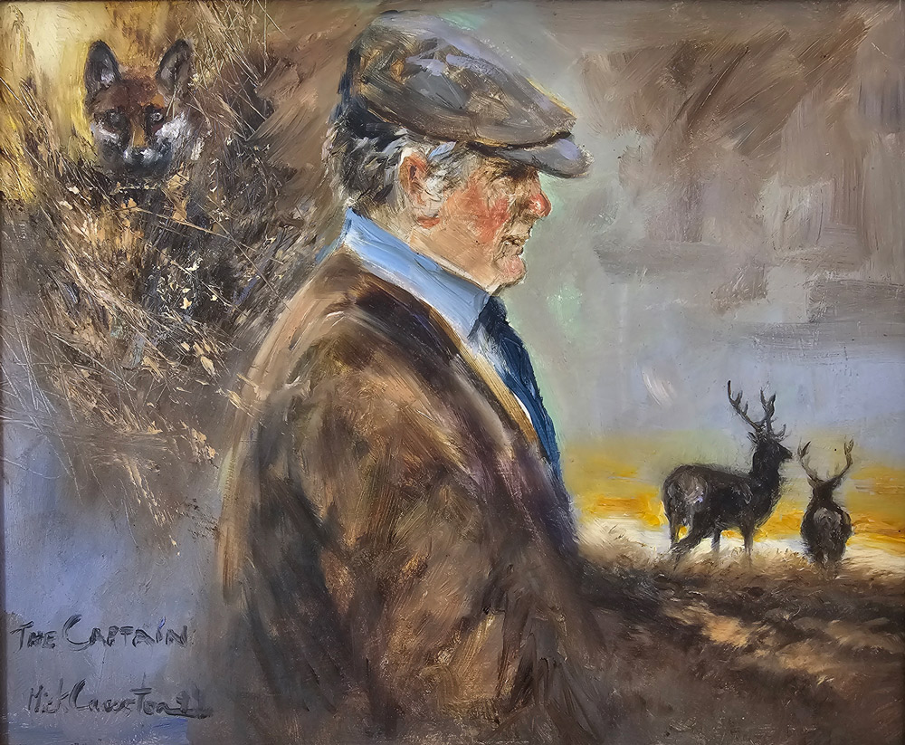 Oil painting of Captain Ronnie Wallace with Red Deer and Fox vignettes.