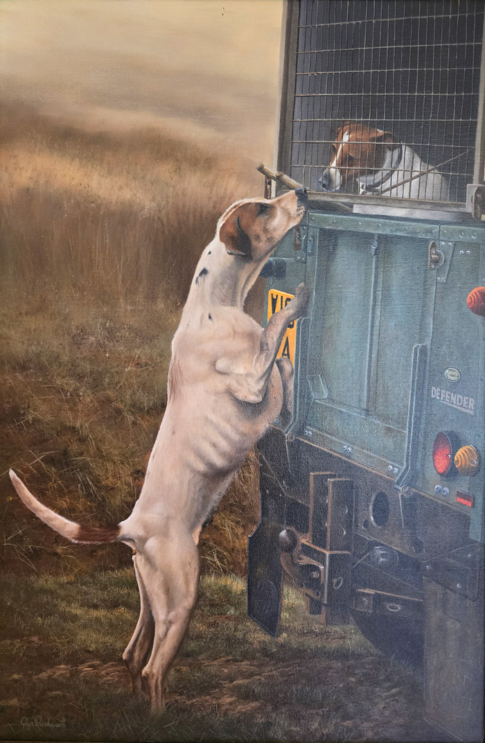 Glyn Rushworth oil painting of a Foxhound sniffing a Jack Russell in a Land Rover