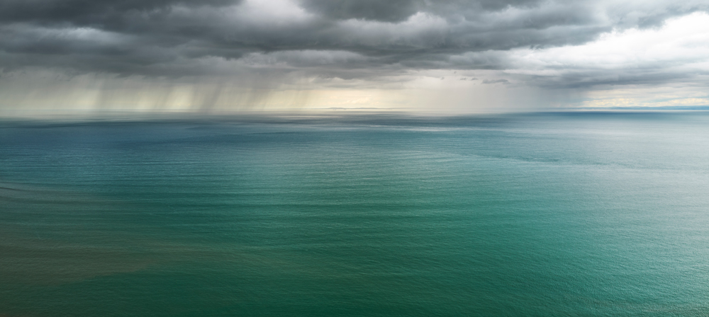 Photograph of rain over the Bristol Channel, North Devon, by Mark Asprey.