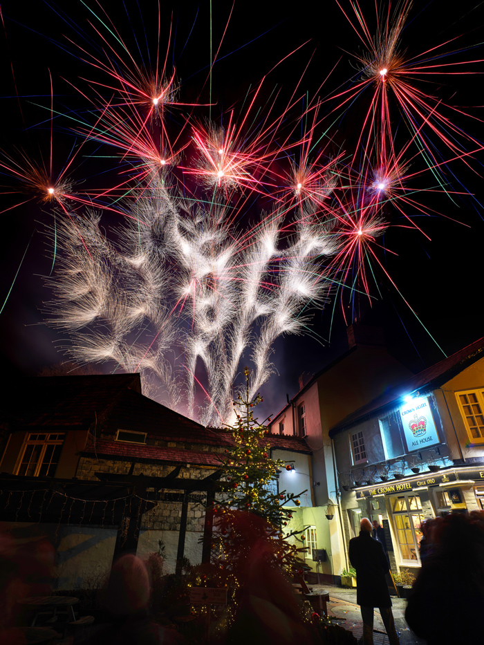 Photograph of fireworks outside The Crown Hotel, Lynton, by Mark Asprey.