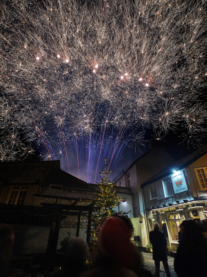 Colour photographic print of fireworks outside The Crown Hotel, Lynton