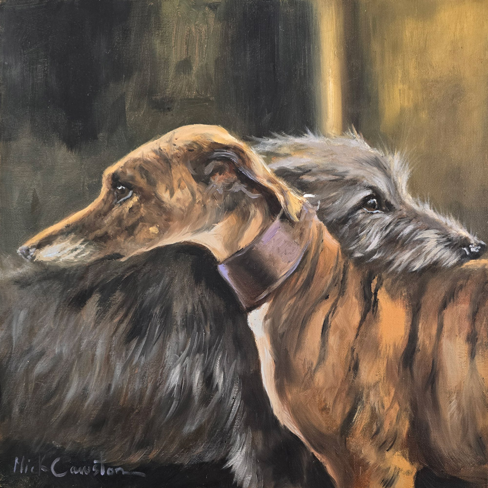 Oil painting of two lurcher dogs by Mick Cawston.