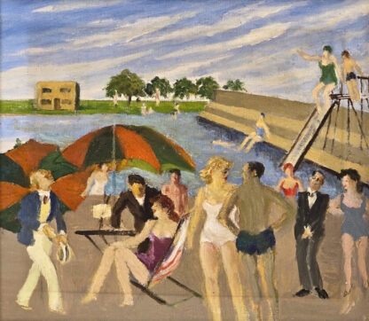 Modern British oil painting of a Lido with figures.
