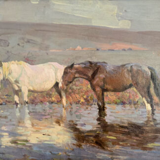 Fred Hall oil painting of horses watering