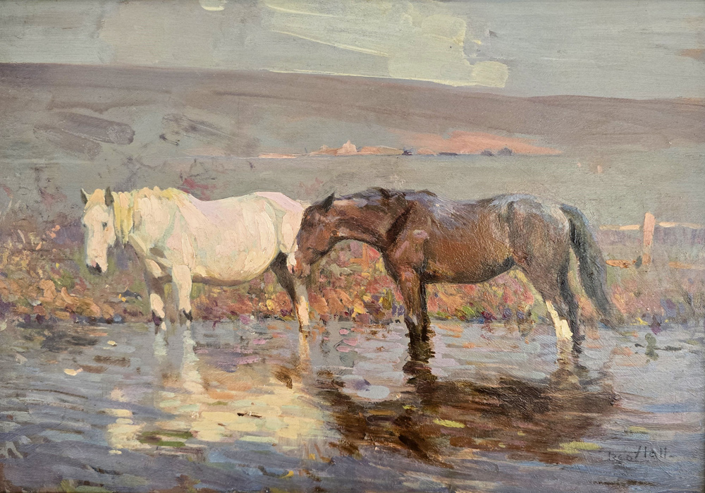 Fred Hall oil painting of horses watering