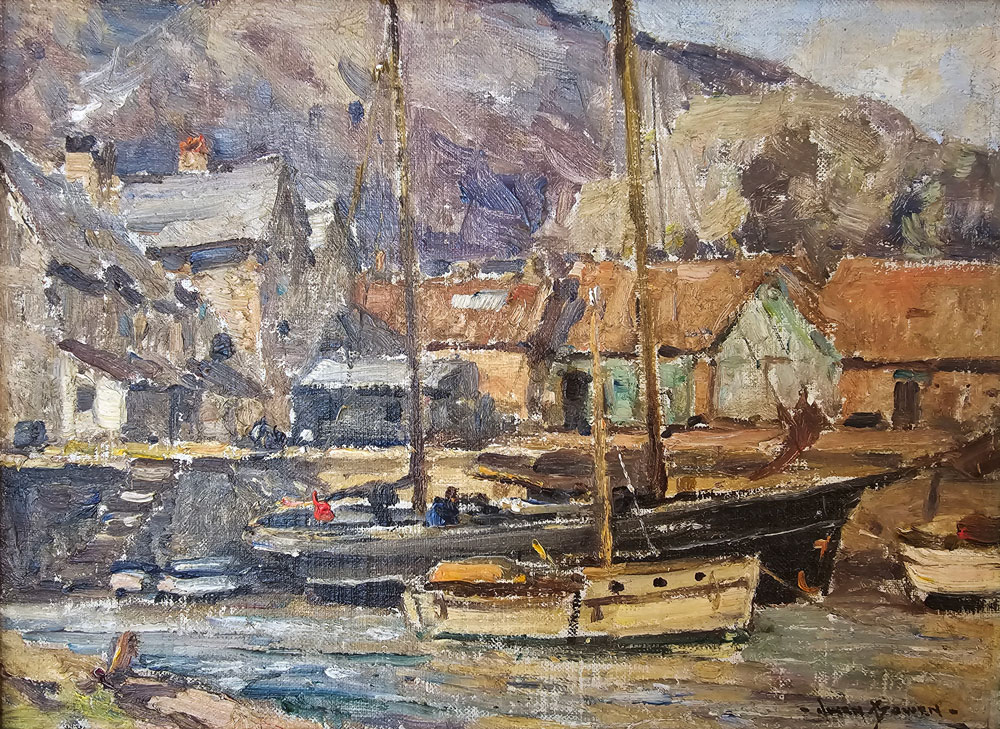 Owen Bowen, oil painting of boats at Porlock Weir