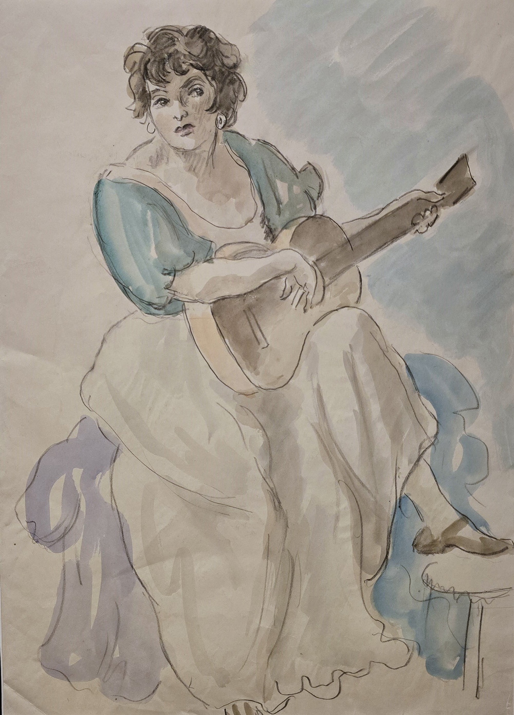 Watercolour painting by Ethelbert White of his wife Betty White, seated with a Flamenco Guitar