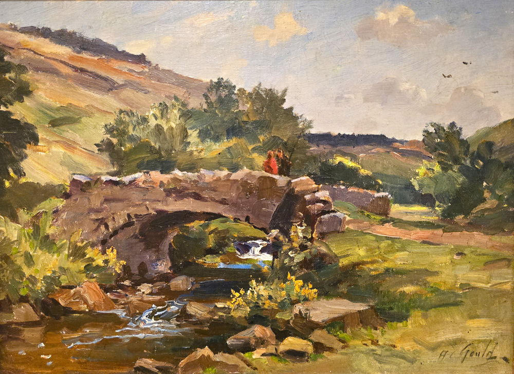 Oil painting by Alec Carruthers Gould of Robber's Bridge in Somerset.