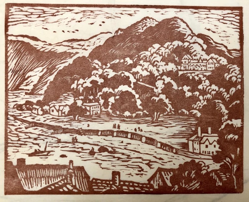 A linocut print by Ethelbert White of the Tors, Lynmouth.