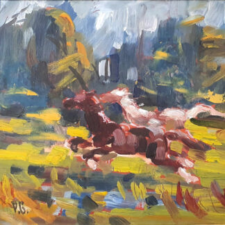 Oil painting by Harry Phelan Gibb showing horses galloping in a landscape.