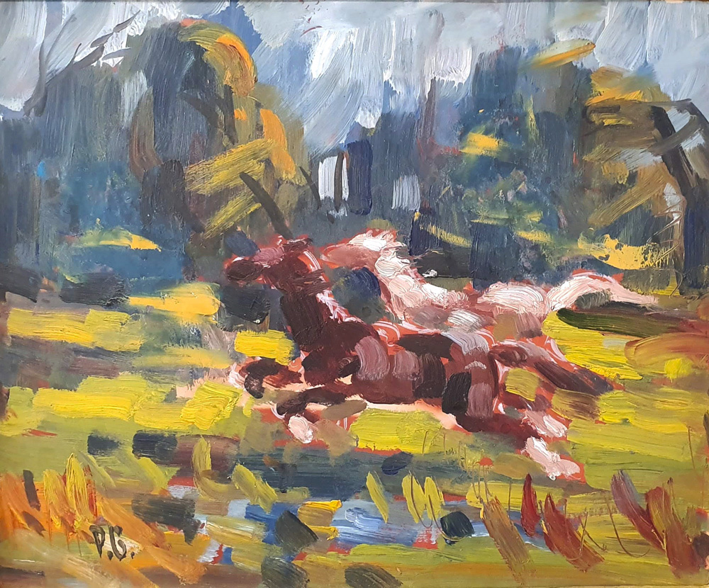 Oil painting by Harry Phelan Gibb showing horses galloping in a landscape.