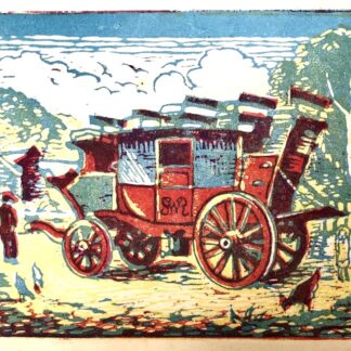 Lino cut by Ethelbert White of the Lynton horse drawn coach