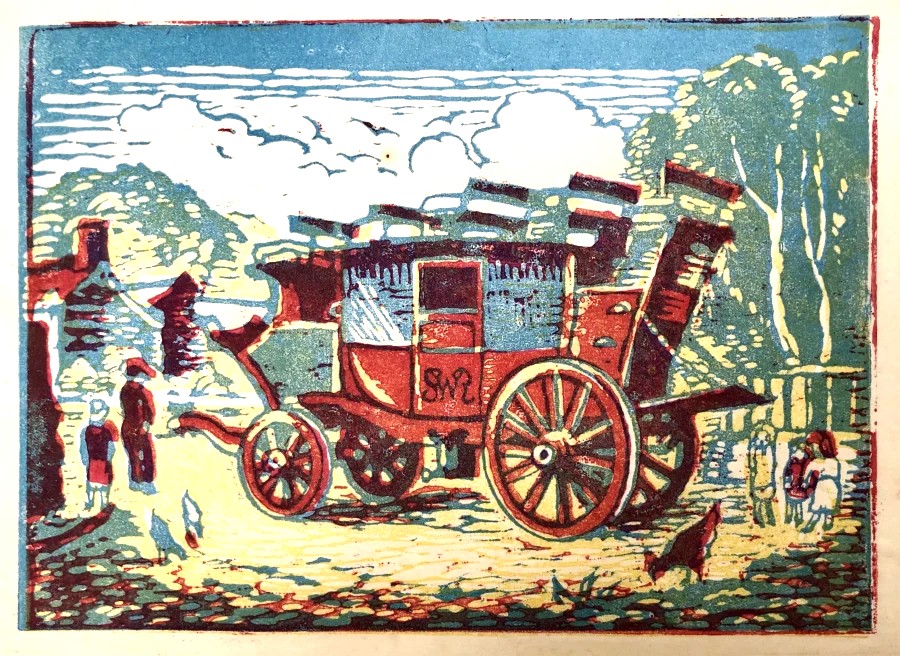 Lino cut by Ethelbert White of the Lynton horse drawn coach