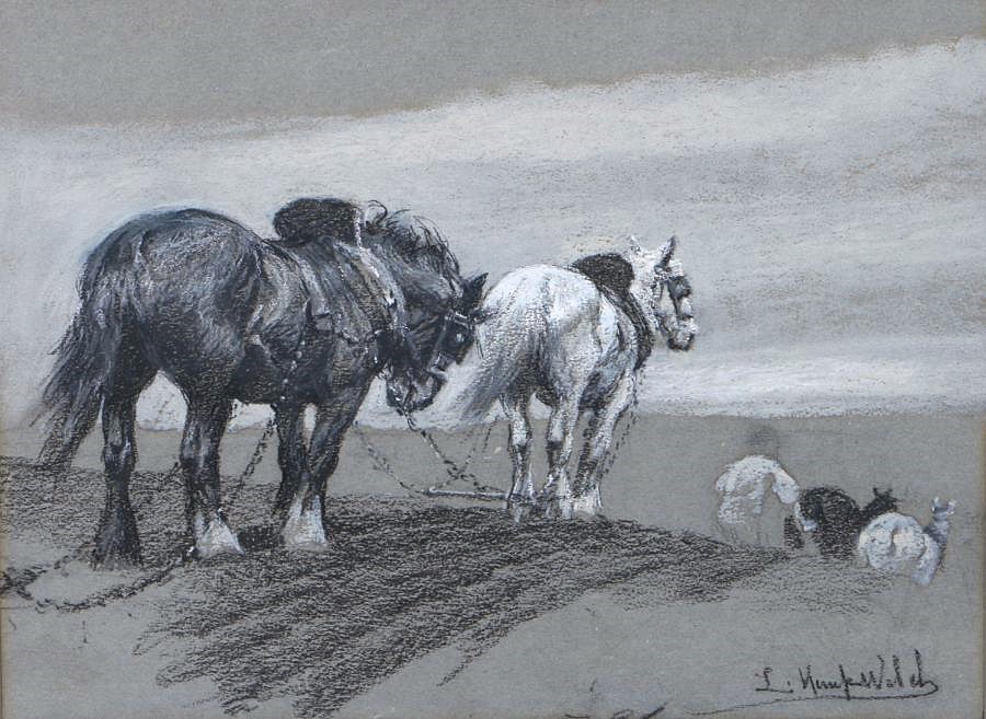 Crayon and chalk drawing by Lucy Kemp-Welch showing a Plough Team of Horses.