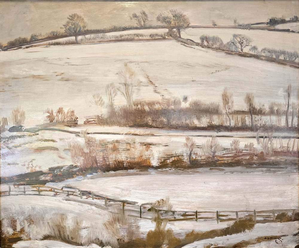 Oil painting by Sir Alfred Munnings showing a wintery landscape at Withypool in Somerset.