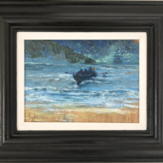 Murray Hammick oil painting depicting a rowing boat off a coast