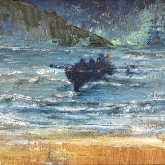 Murray Hammick oil painting depicting a rowing boat off a coast