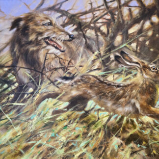 Oil painting by British artist Mick Cawston, depicting a Lurcher dog chasing a Hare