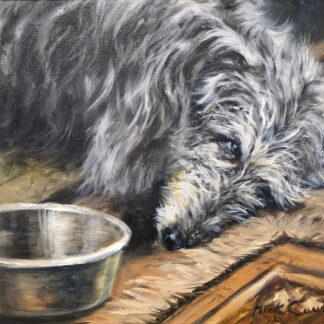 Oil painting by Mick Cawston of a Lucher dog lying by a bowl